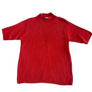Neiman Marcus 100% Silk Red Ribbed Knit Top‎ M Mock Neck Luxe Minimalist Classic